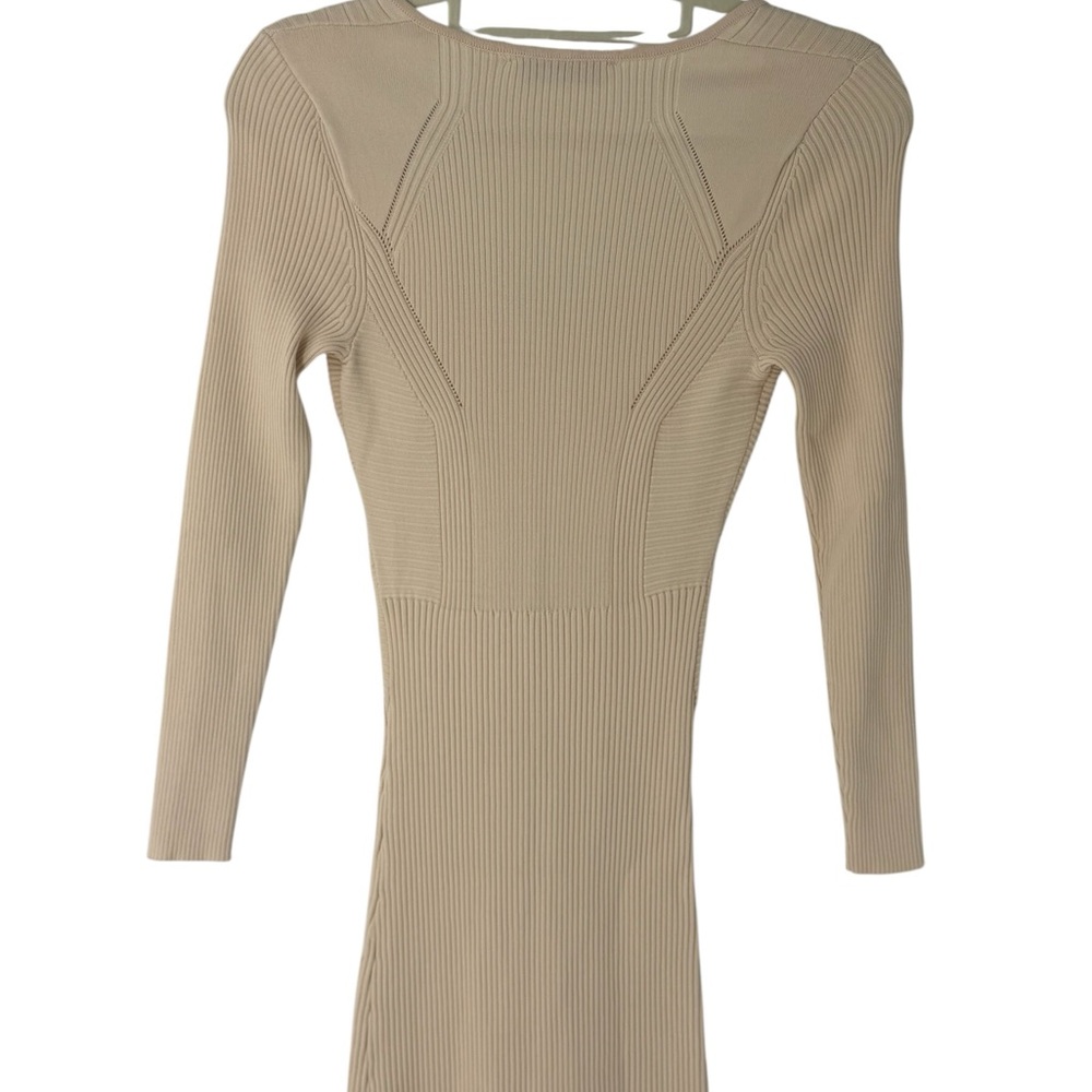 Rare Zara Ecru Ribbed Knit Midi Dress Sculpting Long Sleeve Bodycon Cream Beige - Picture 9 of 14